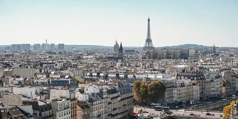 Paris rooftops and the Seine, with the Eiffel Tower in the distance